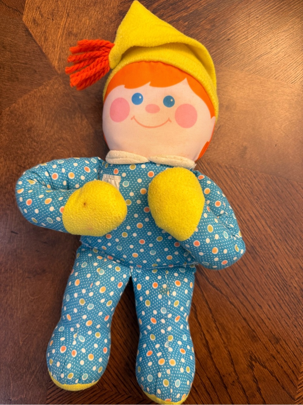 Vintage 1984 Fisher-Price Blue Polka Dot Plush Doll with Yellow Hat and Mittens